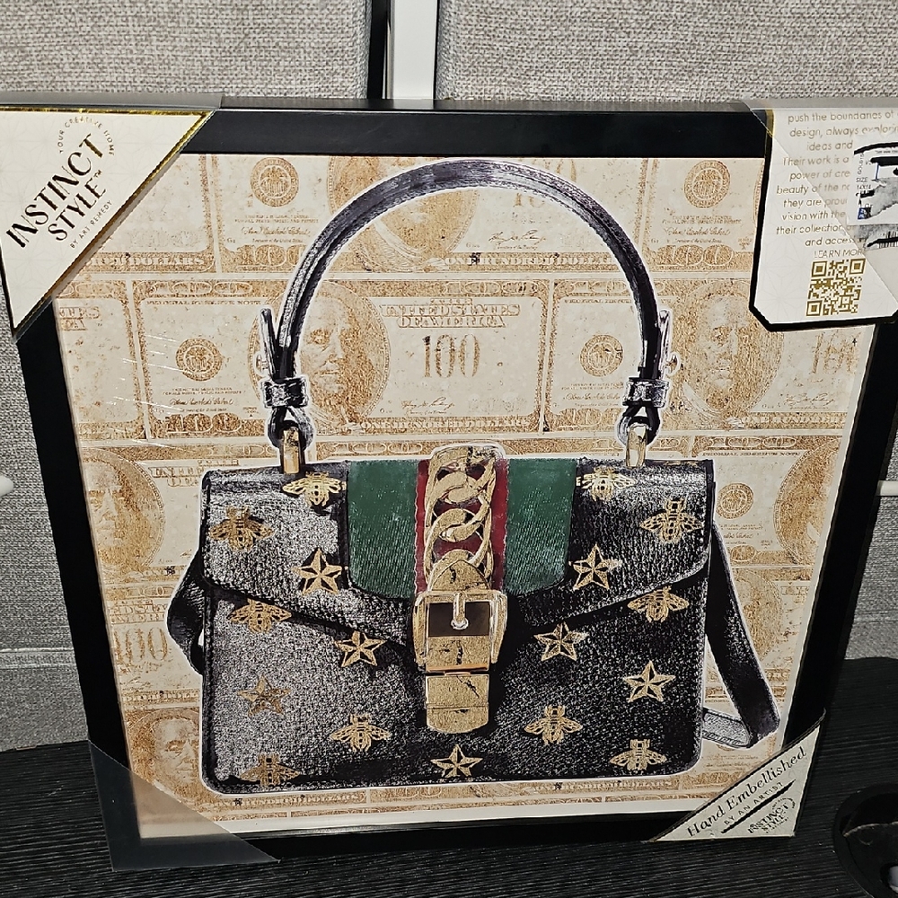 Black and Gold Shoulder Bag Wall Art Print Framed Stars Bumble Bees Money New